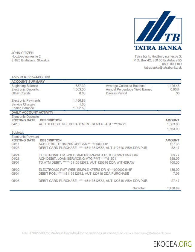 Modèle de justificatif de domicile de la Slovaquie Tatra Bank au format Word et PDF